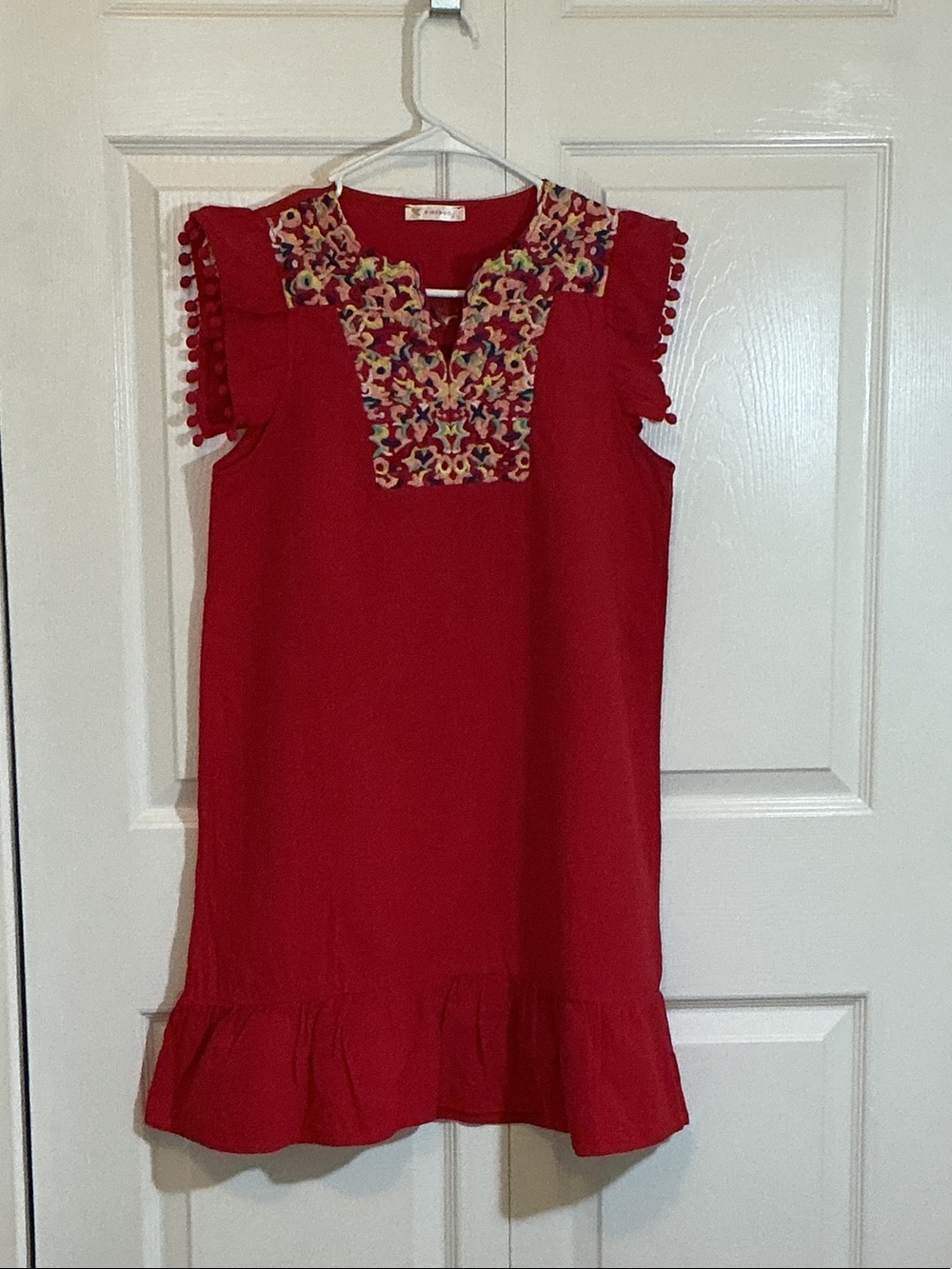 Kirundo women’s  Red Embroidered Flutter Sleeve Dress